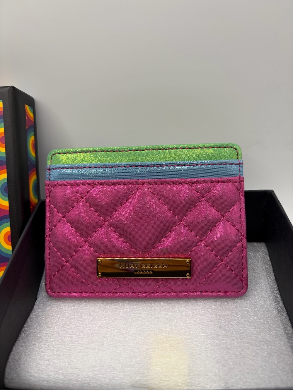 Kurt Geiger Hot Pink Quilted Card Holder with Green & Blue Trim - Picture 2 of 3